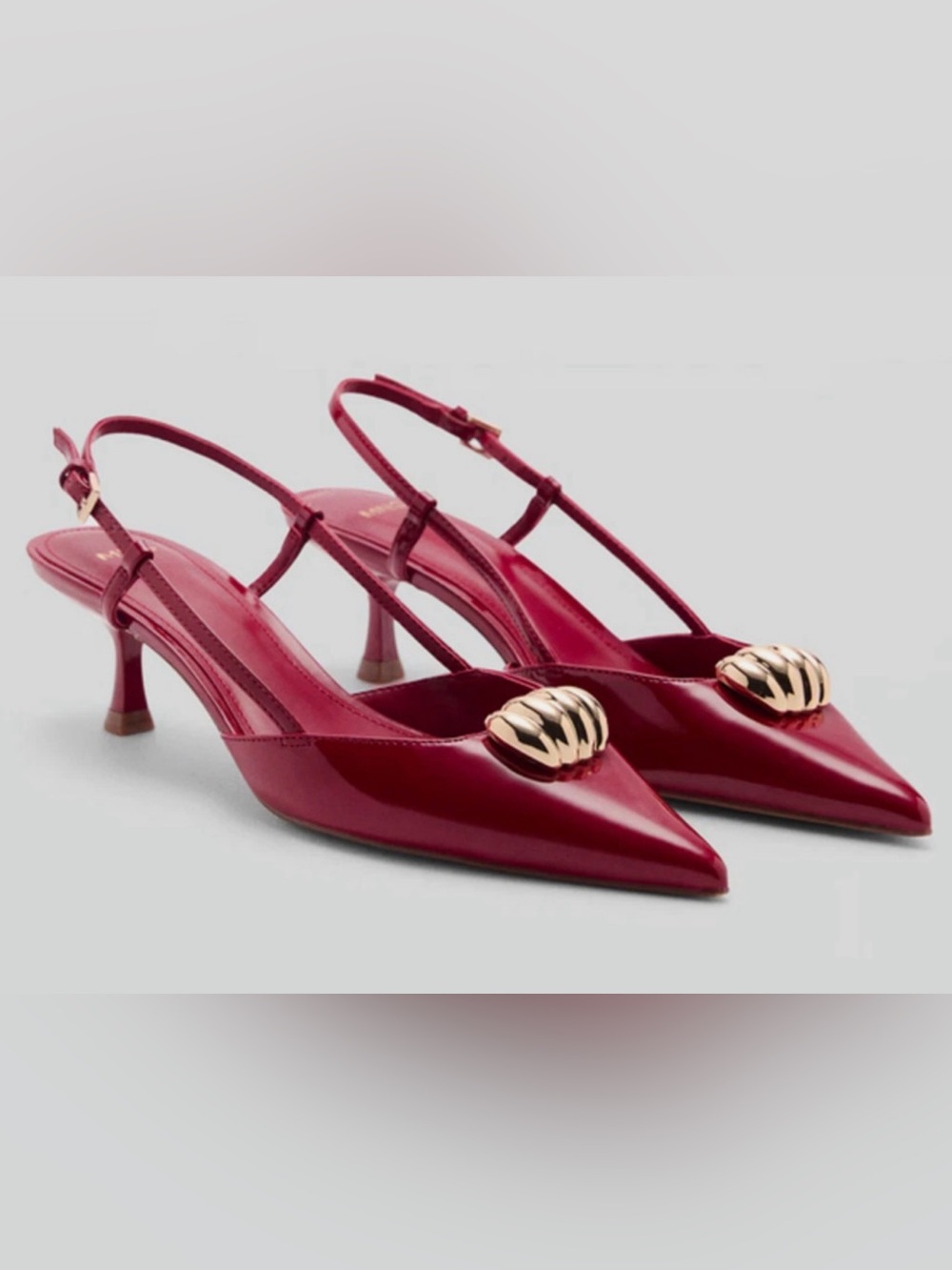 NEW MANGO MNG RED GOLD METAL ACCENT POINTED TOE KITTEN HEELS SHOES SZ 38 US 7.5